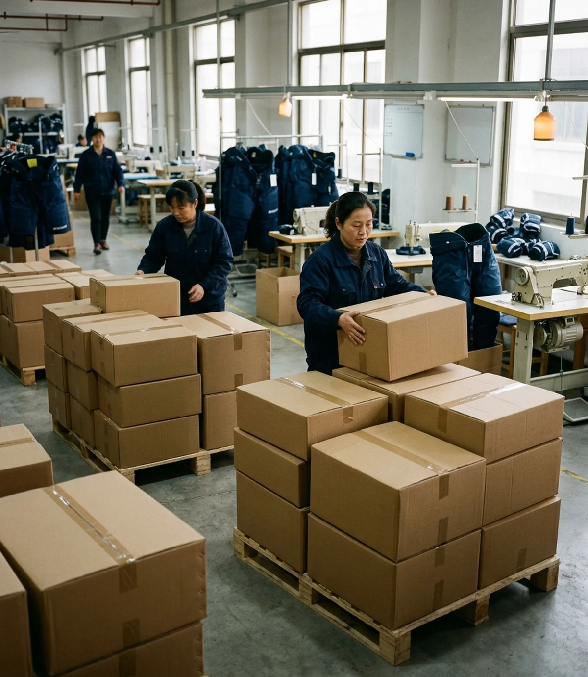 Cartons sorted by style, color, and size, staged for shipment with marks on the outside