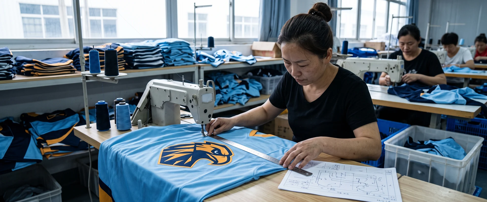 An inline QC check during production: measuring a jersey panel against the spec sheet