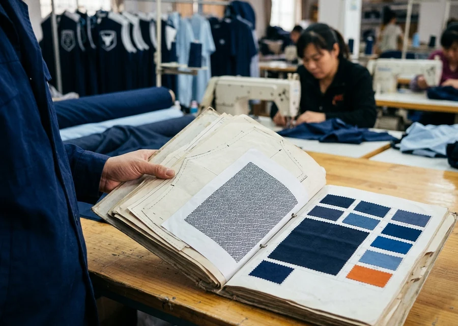 A retained order file holding graded patterns, print files, and the color reference, no readable brand names, no logos