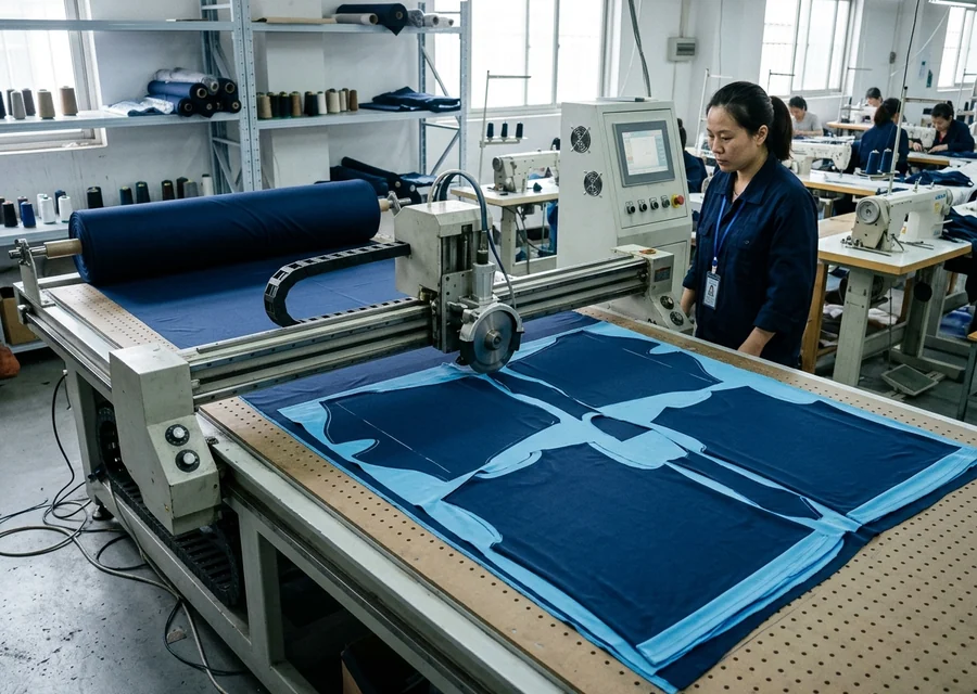 The automated cutting bed cutting jersey panels to the graded pattern