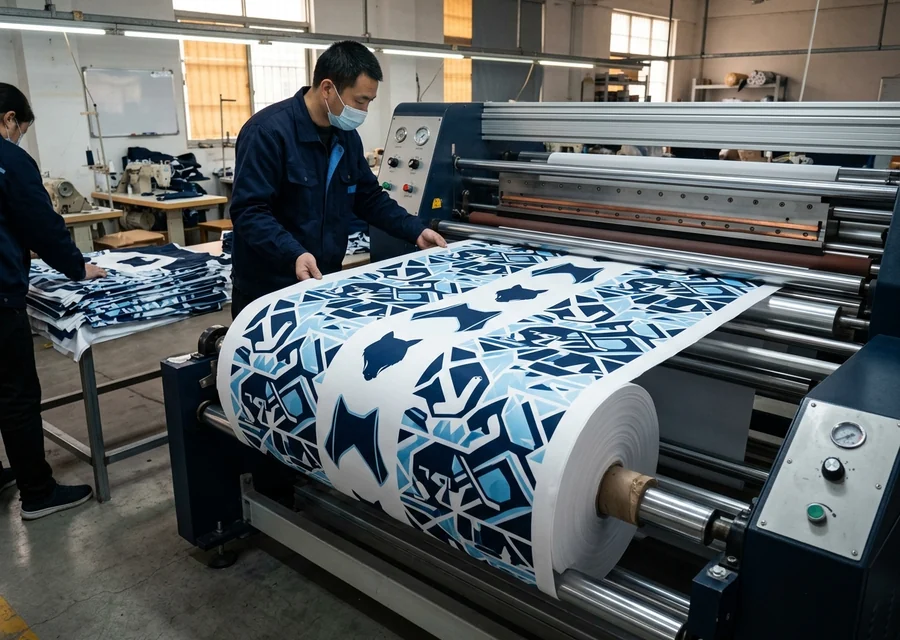 The digital sublimation line printing an all-over design into polyester before panels are cut