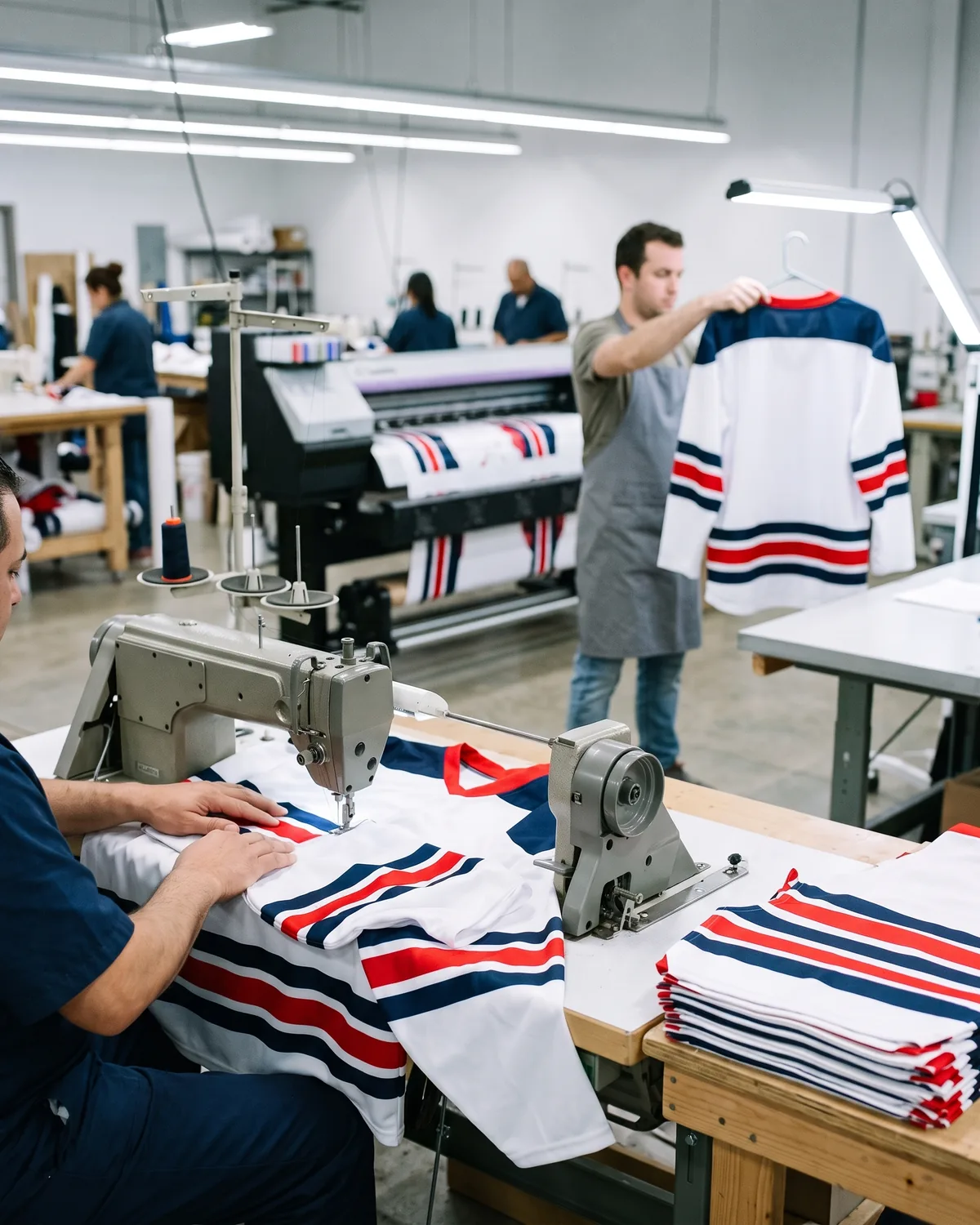 A worker sews the sleeve of a white hockey jersey with red and navy stripes at an industrial sewing machine, with stacked cut panels beside it, a wide-format printer feeding striped fabric behind, and an inspector holding up a finished jersey on a hanger.