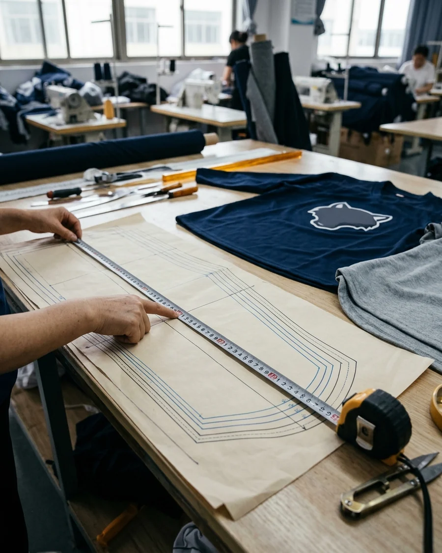 A measuring tape across a graded pattern sheet — the locked measurements everything downstream is checked against