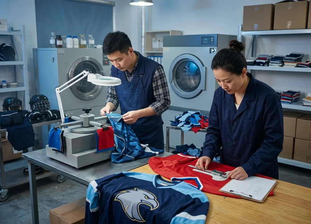 A third-party laboratory running color fastness, shrinkage, and pilling tests on finished garments