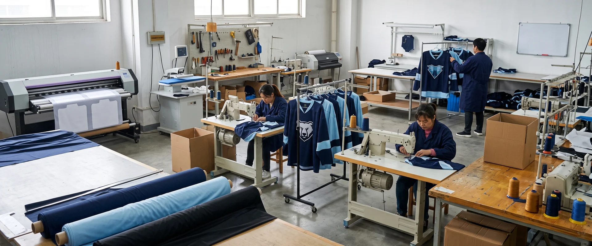 The sportswear production floor where all five gates of a jersey order run on one site