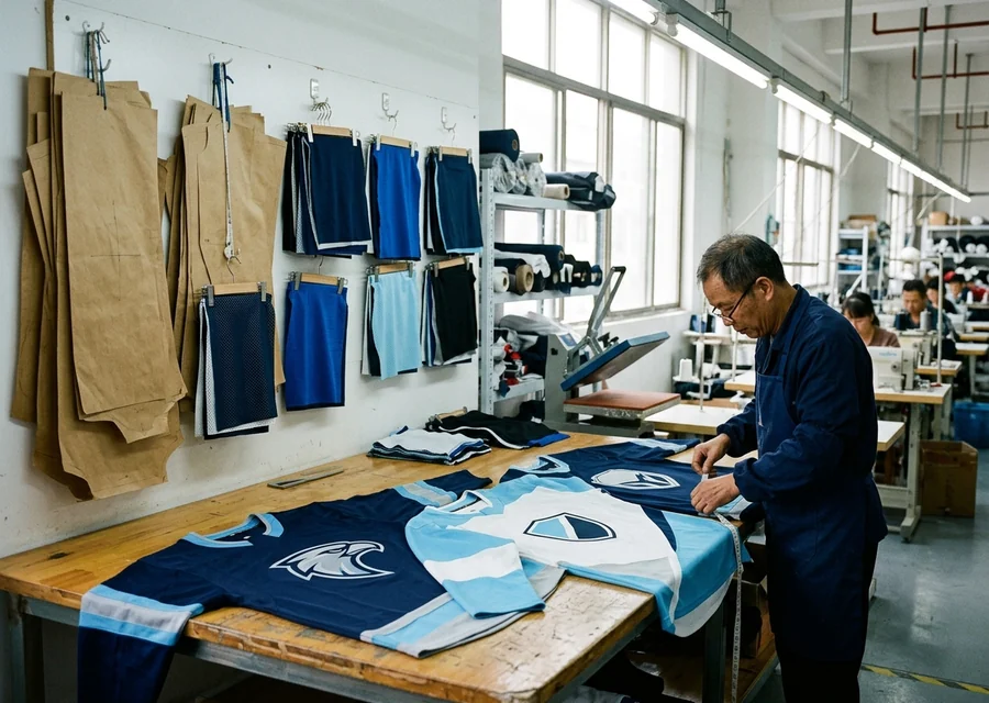Factory pattern blocks and fabric swatches behind an ODM hockey jersey program