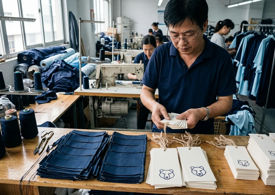Private-label neck labels and hang tags prepared for a buyer's own brand, no readable brand names, no logos