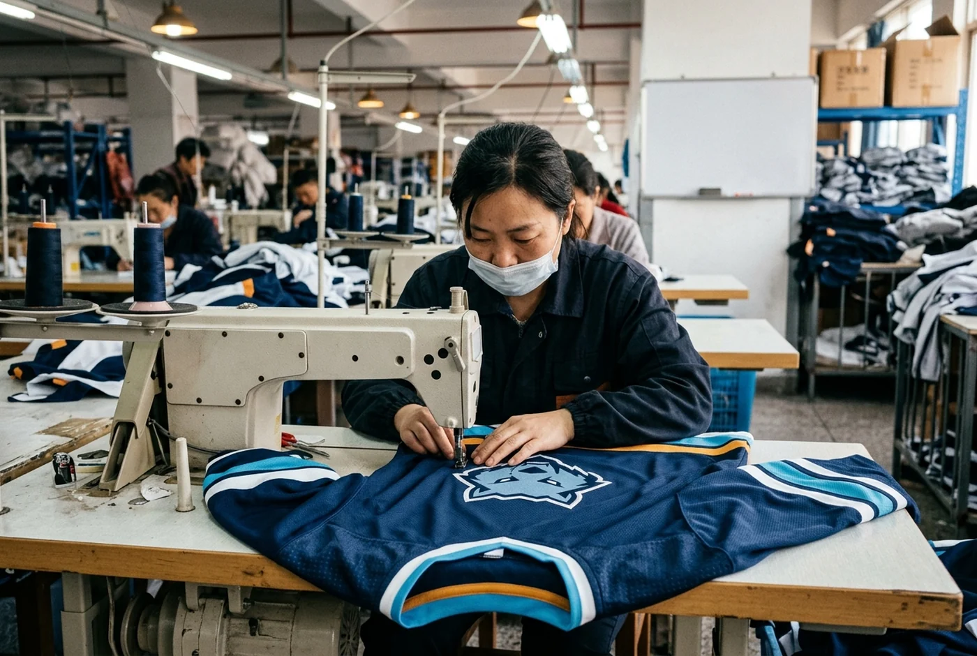 A decorated custom hockey jersey in a fictional team colorway with invented crest and two-digit numbers