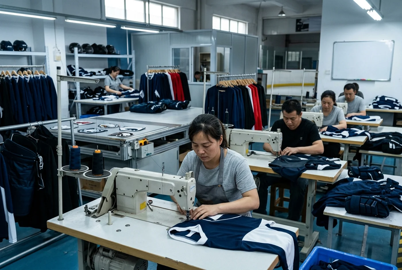 The sportswear factory behind the production gates on this page