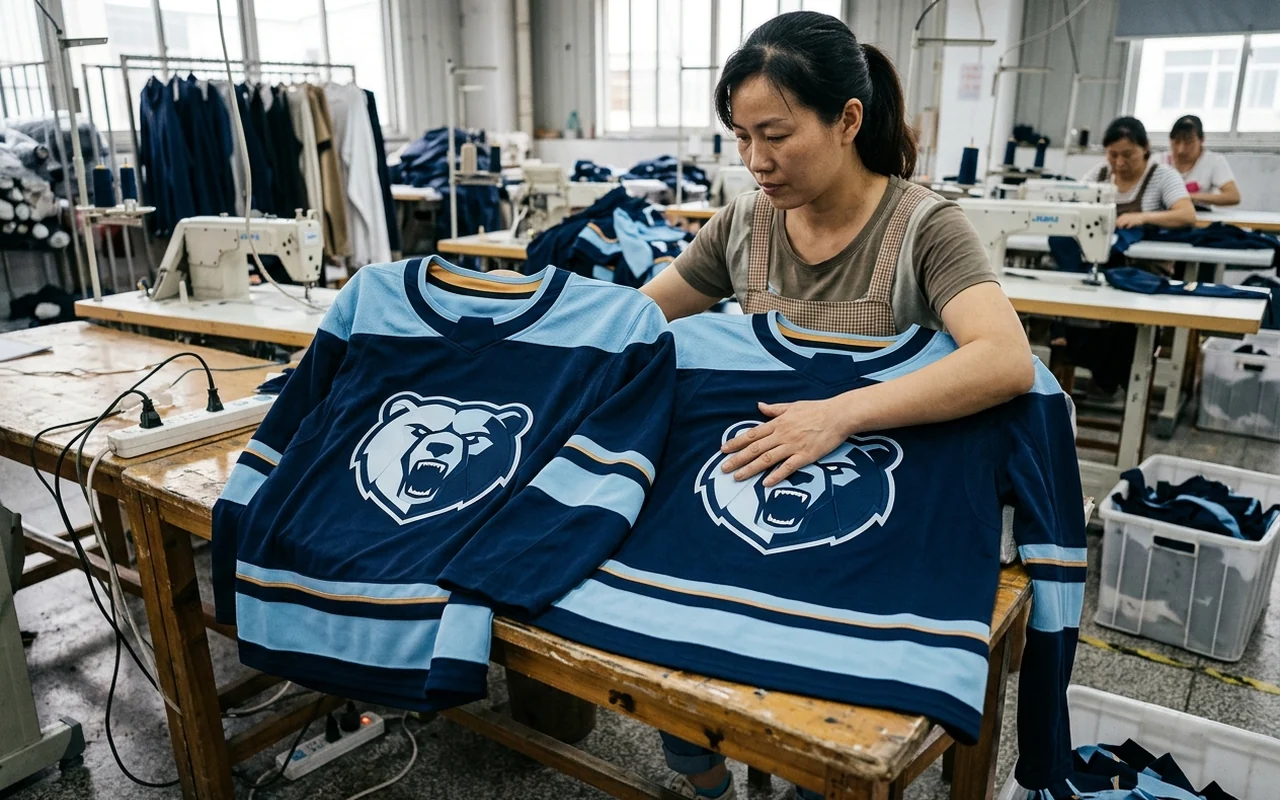 The same polyester fabric stock used for both the sample and the bulk run that follows it