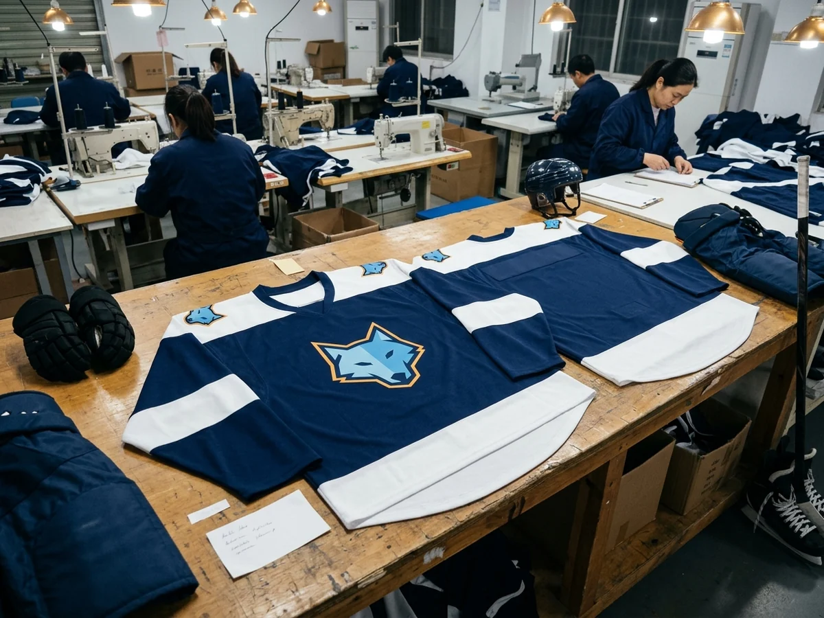 A hockey jersey design layout marking the crest, shoulder, sleeve, back name and number zones