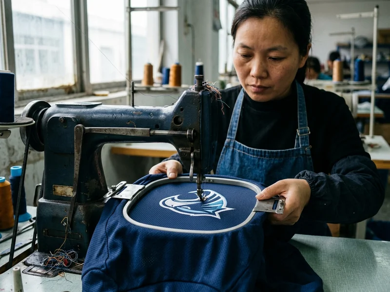 An embroidered crest being stitched on a garment panel