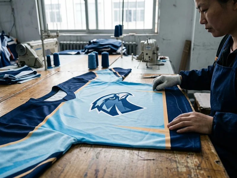 A sublimation-printed jersey panel with a sharp multi-color design