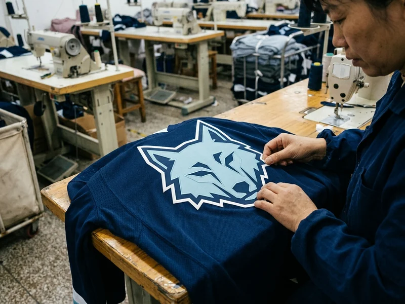 Tackle twill numbers stitched onto the back of a hockey jersey