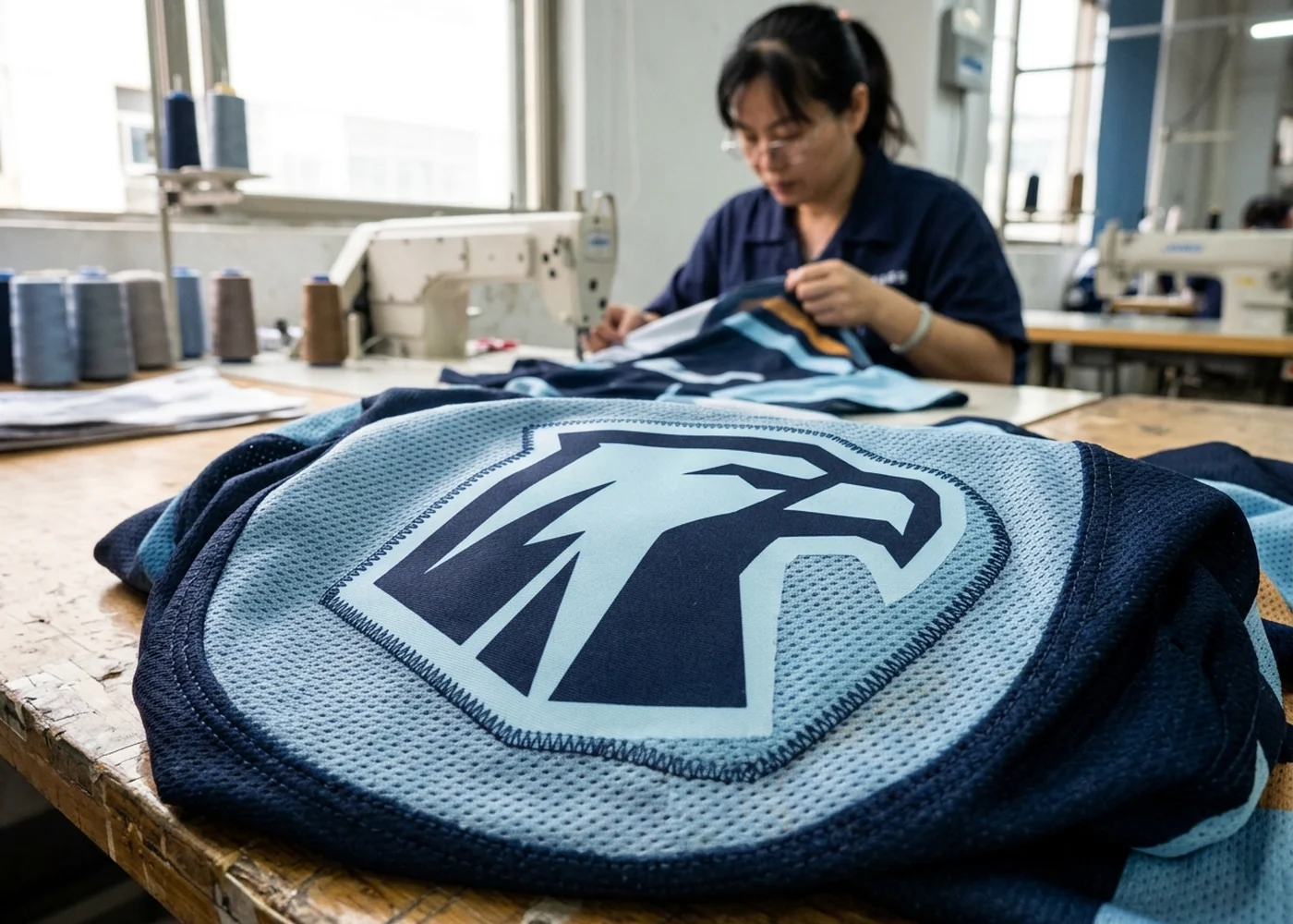 Close detail of a sublimated hockey jersey panel showing the printed color sitting inside the knit