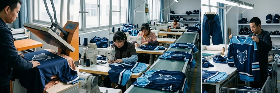 Jersey panels moving from printing to sewing to inspection on the production floor