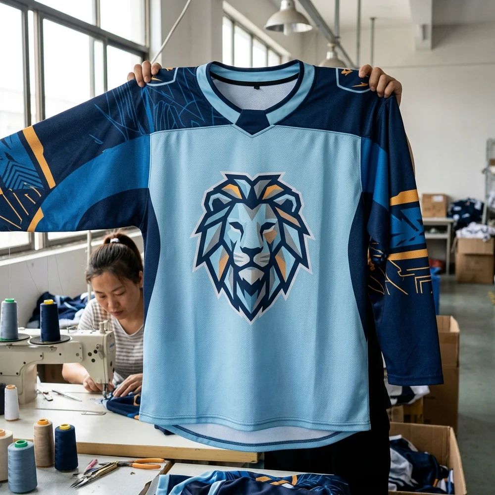 A sublimated hockey game jersey with an original team design