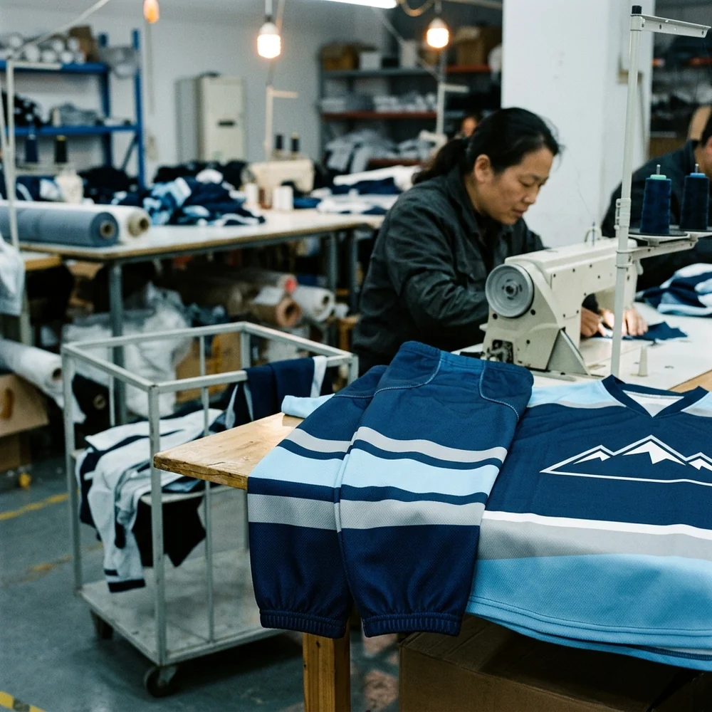 A pair of sublimated hockey socks with stripes matched to a team jersey