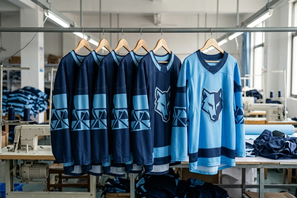 A row of matching team jerseys on hangers with one new jersey added at the end