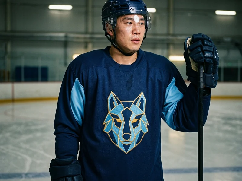 A recreational hockey player on the ice wearing a custom jersey with an original design