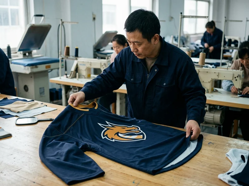 A buyer checking the stitching and print of a sample jersey on a table