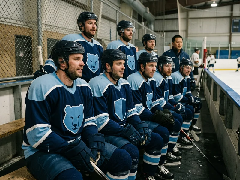 A small adult hockey team sitting together on the bench in matching jerseys