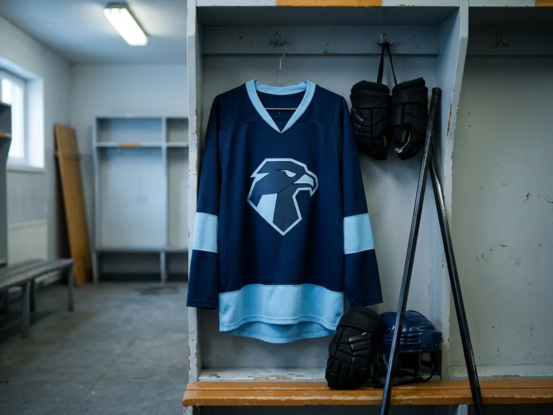A single jersey hanging in a locker room stall beside team equipment