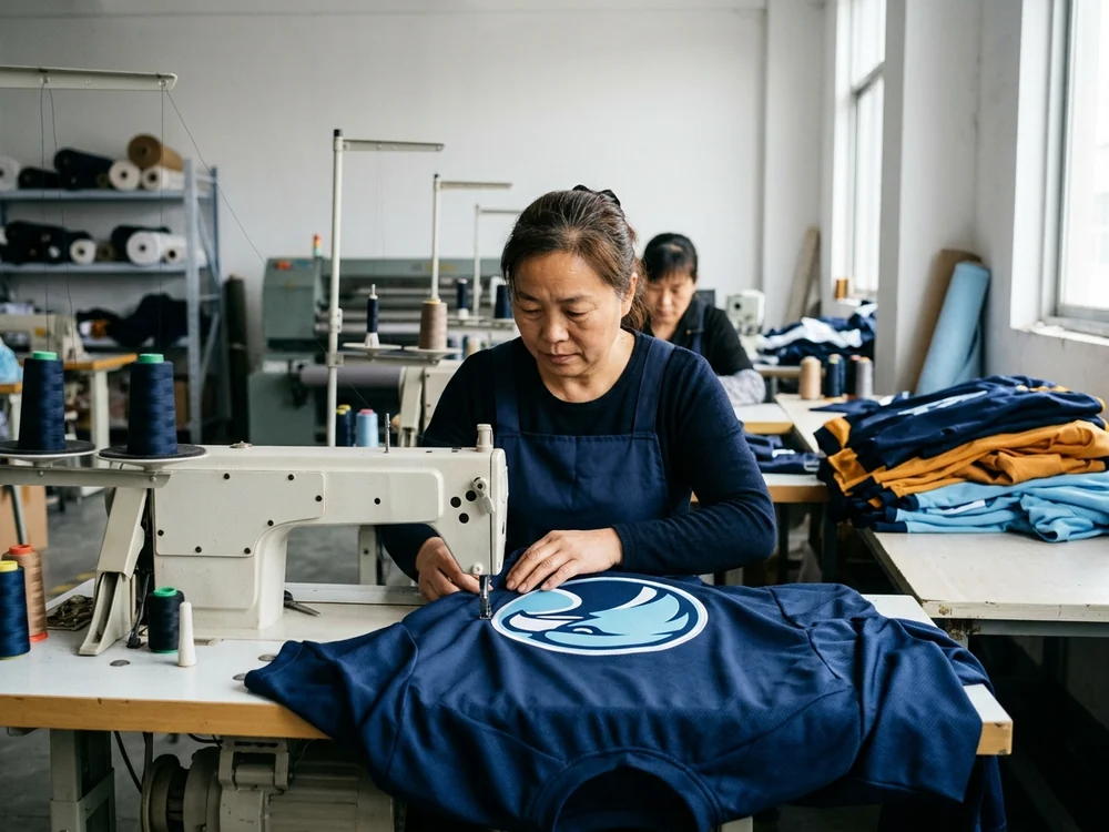 Solid builds piece-dyed to the buyer's reference — a color code, a swatch, or an existing garment