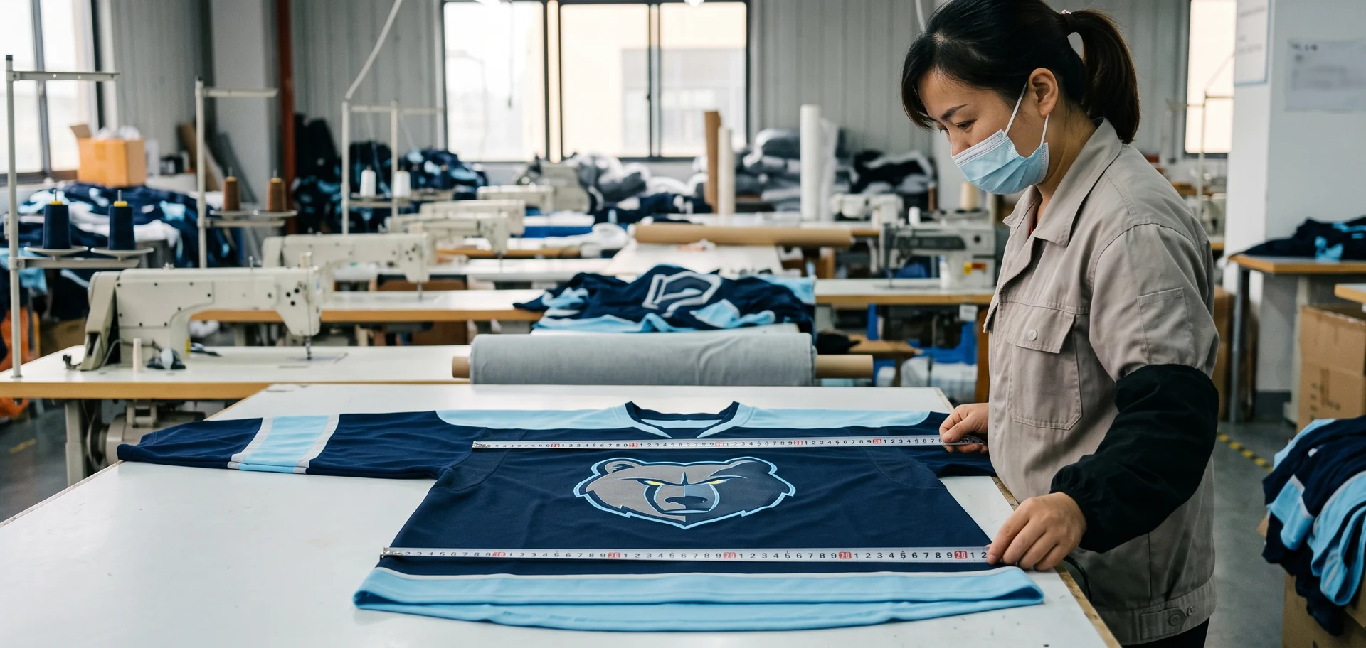 A finished hockey goalie cut jersey measured flat on the five published points