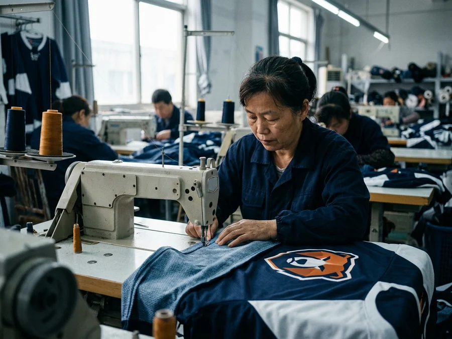 Air knit polyester at 160–180 gsm — the standard body of the fuller cut
