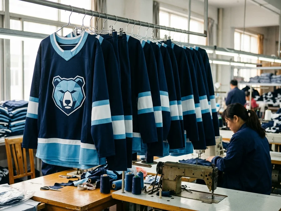 A full team set on the rail — the fuller cut hangs inside the same order, same colorway, same crest and number system