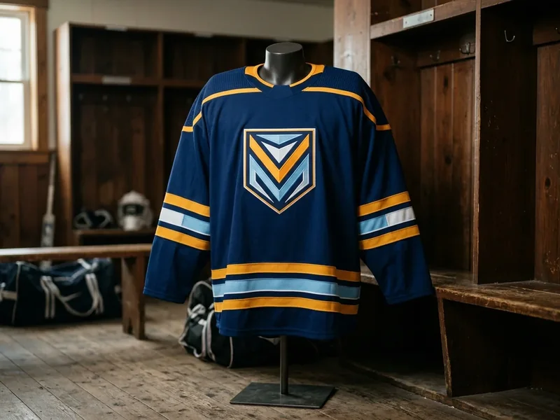 Navy goalie-cut game jersey with amber, white and ice blue stripes and an abstract chevron crest on a mannequin in a locker room.