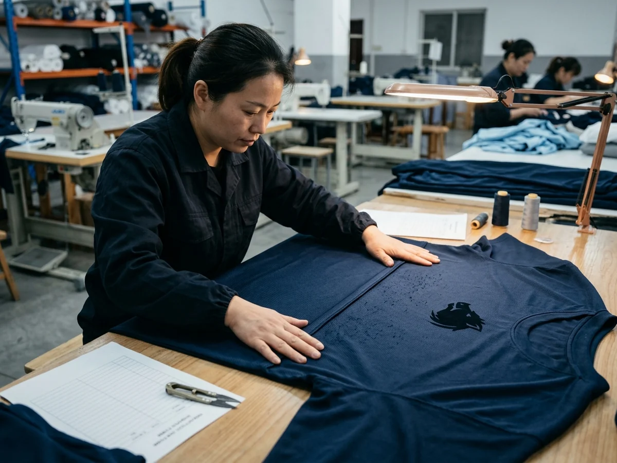 Jersey fabric surface under inspection — seams placed off the wear lines, fabric weight where the garment works hardest