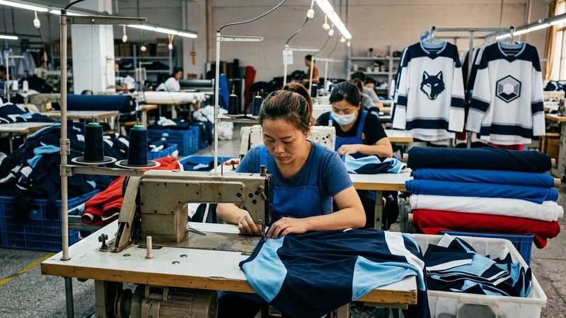 Custom hockey jersey manufacturing — the production floor after sample approval