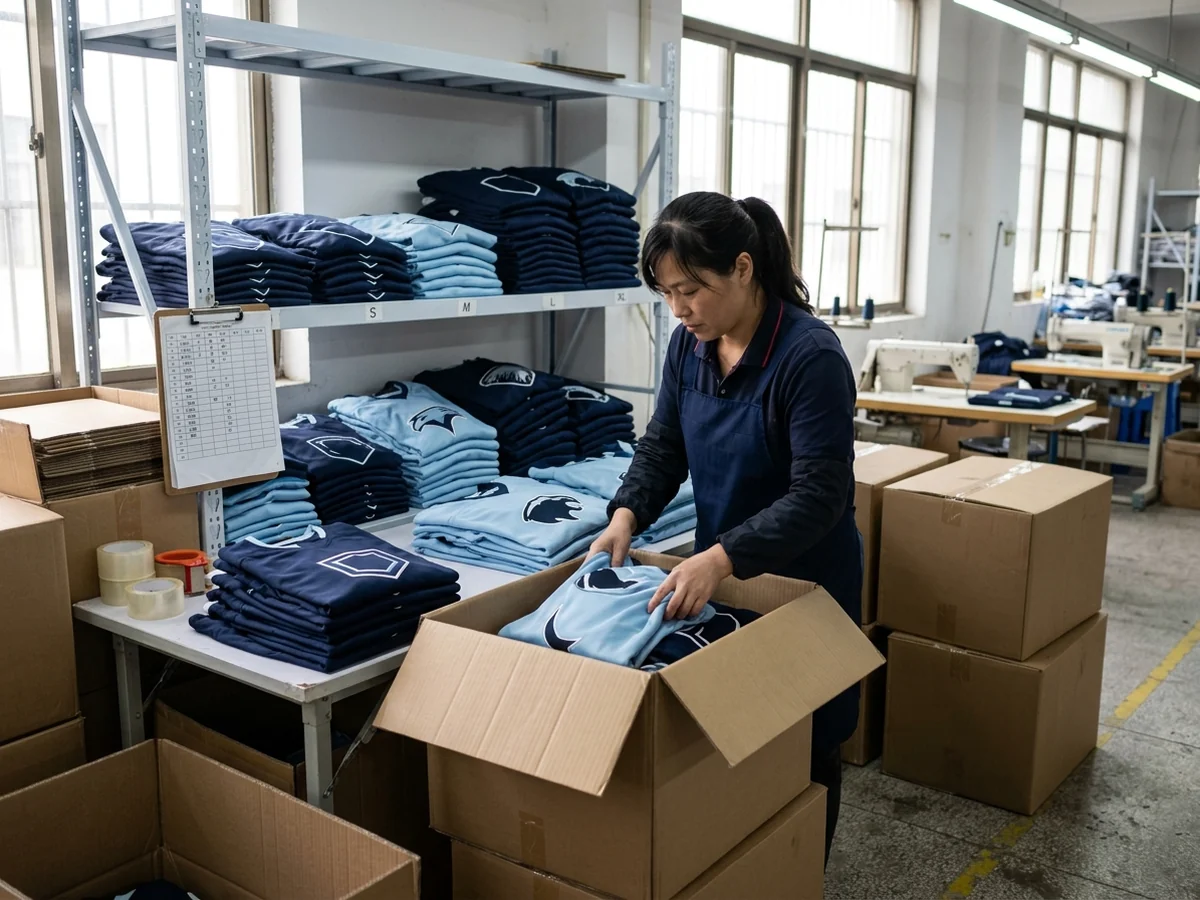 Finished orders packed by size and colorway, staged for shipment against the confirmed chart