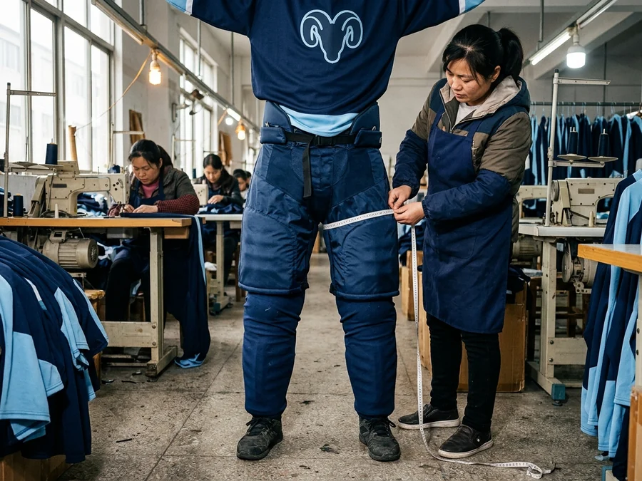 Hockey pant shells measured over the padded pant — the dressed-fit method for the lower body