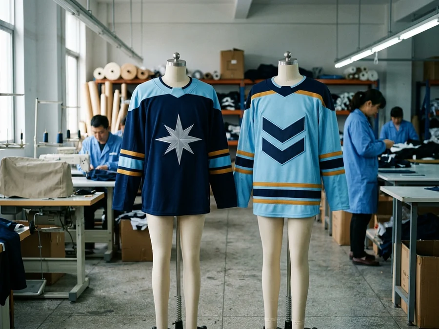 Dress forms wearing finished garments in the pattern room — the dressed state the jersey is sized for