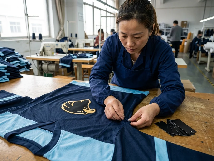 A worker checking a garment laid flat on the inspection table, face and hands visible