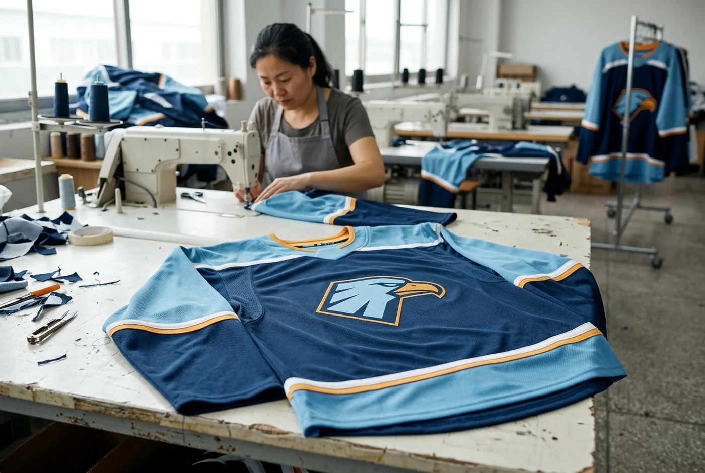 A decorated custom hockey jersey in a fictional team colorway with invented crest and two-digit numbers