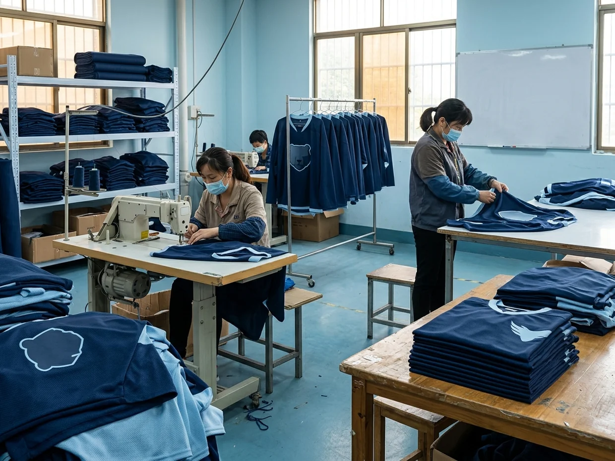 Registered polyester fabric stock — a reorder runs on the same fabric at the same weight as the run before it