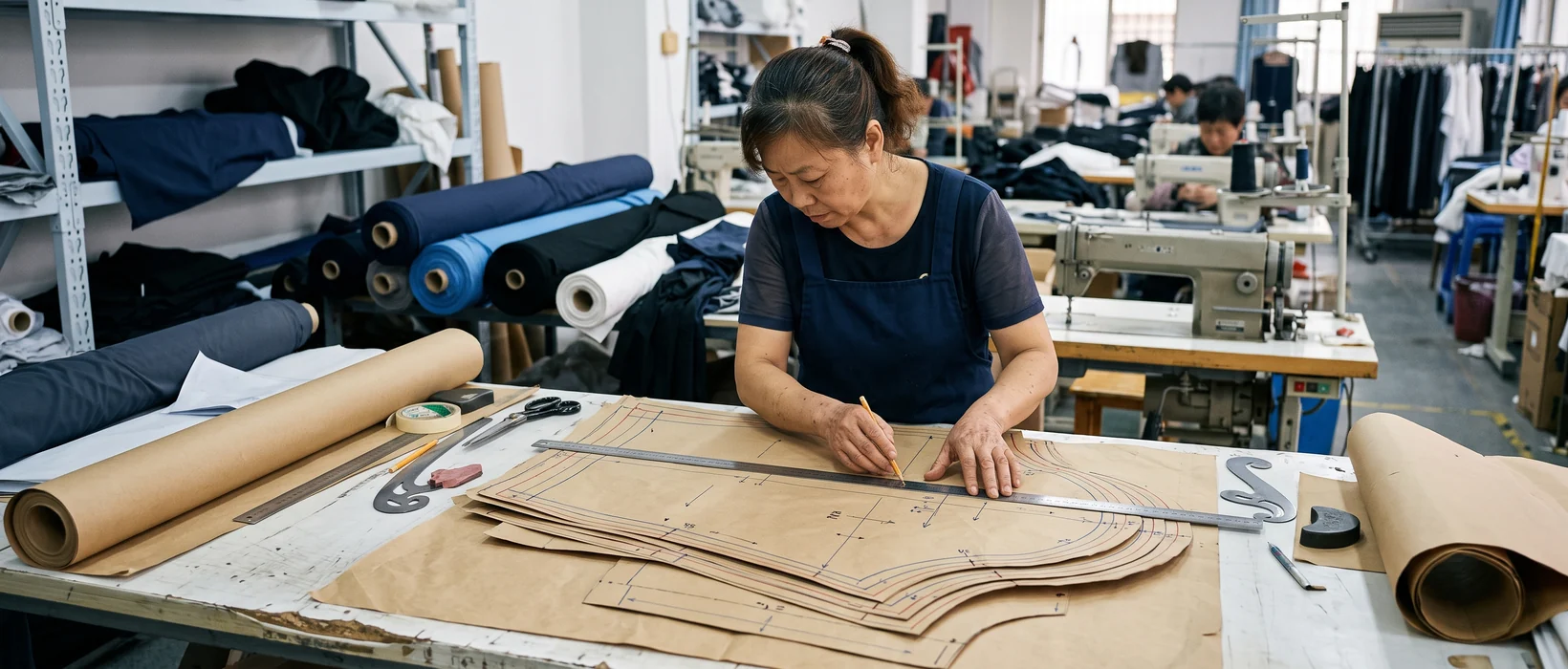Hands drafting a graded garment pattern — the one pattern set behind every size on this chart