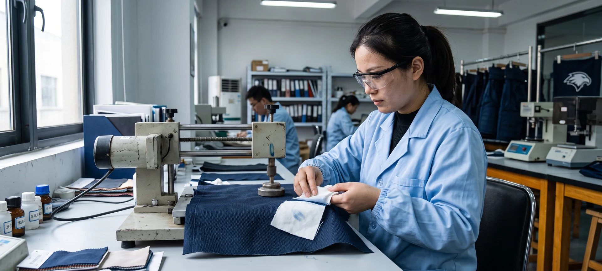 A third-party laboratory technician running a color fastness test on a hockey pant shell fabric sample