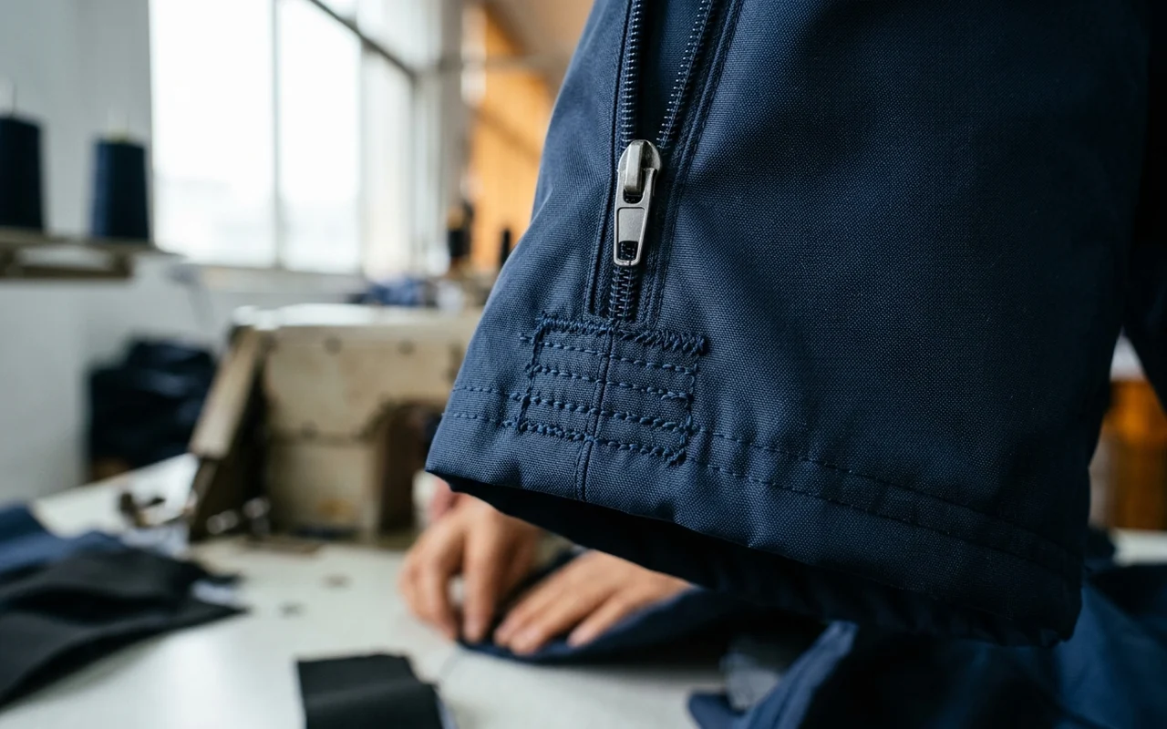 Bartack stitching reinforcing the zipper base at a hockey pant shell leg opening