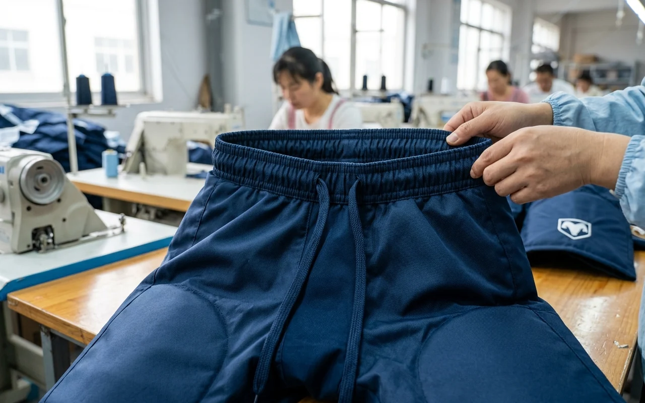 Full elastic waistband with an internal drawcord on a youth hockey pant shell