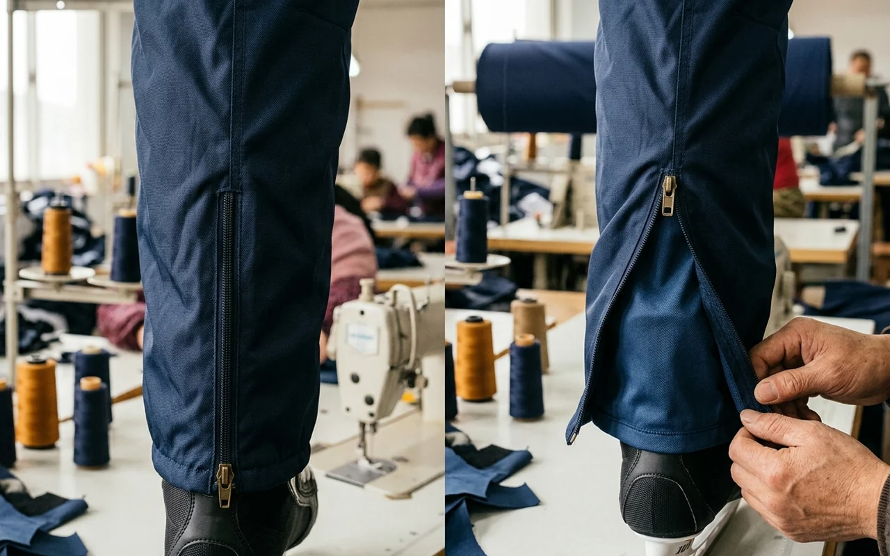 Zippered gusset at the ankle opening of a hockey pant shell, shown open and closed
