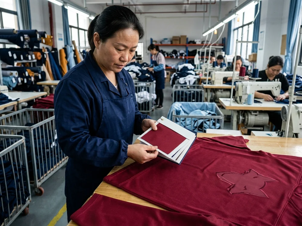 Solid-dyed polyester panels in a deep red team colorway checked against a physical color swatch