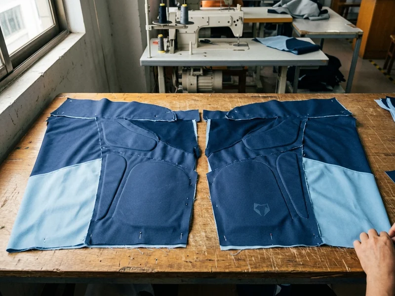 Shaped front and back leg panels of a hockey pant shell laid flat before sewing
