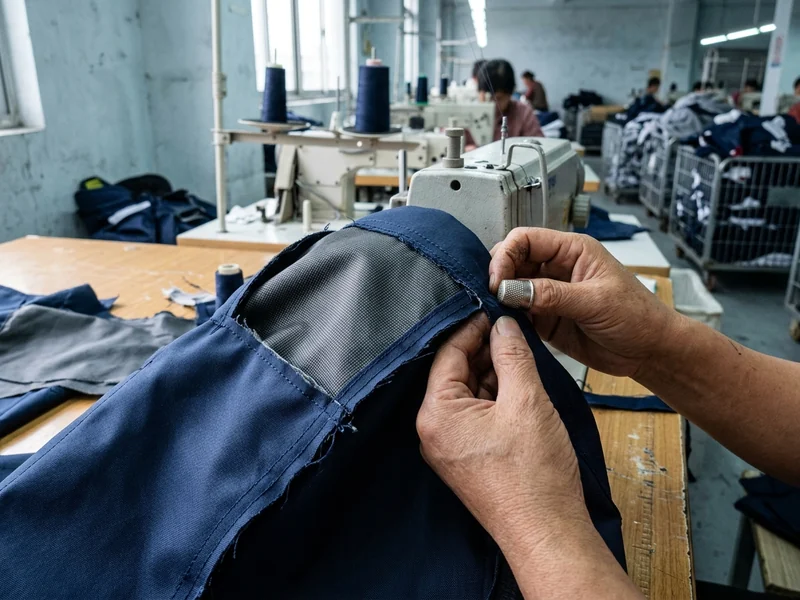 Double-layer seat yoke of a hockey pant shell showing the two fabric layers