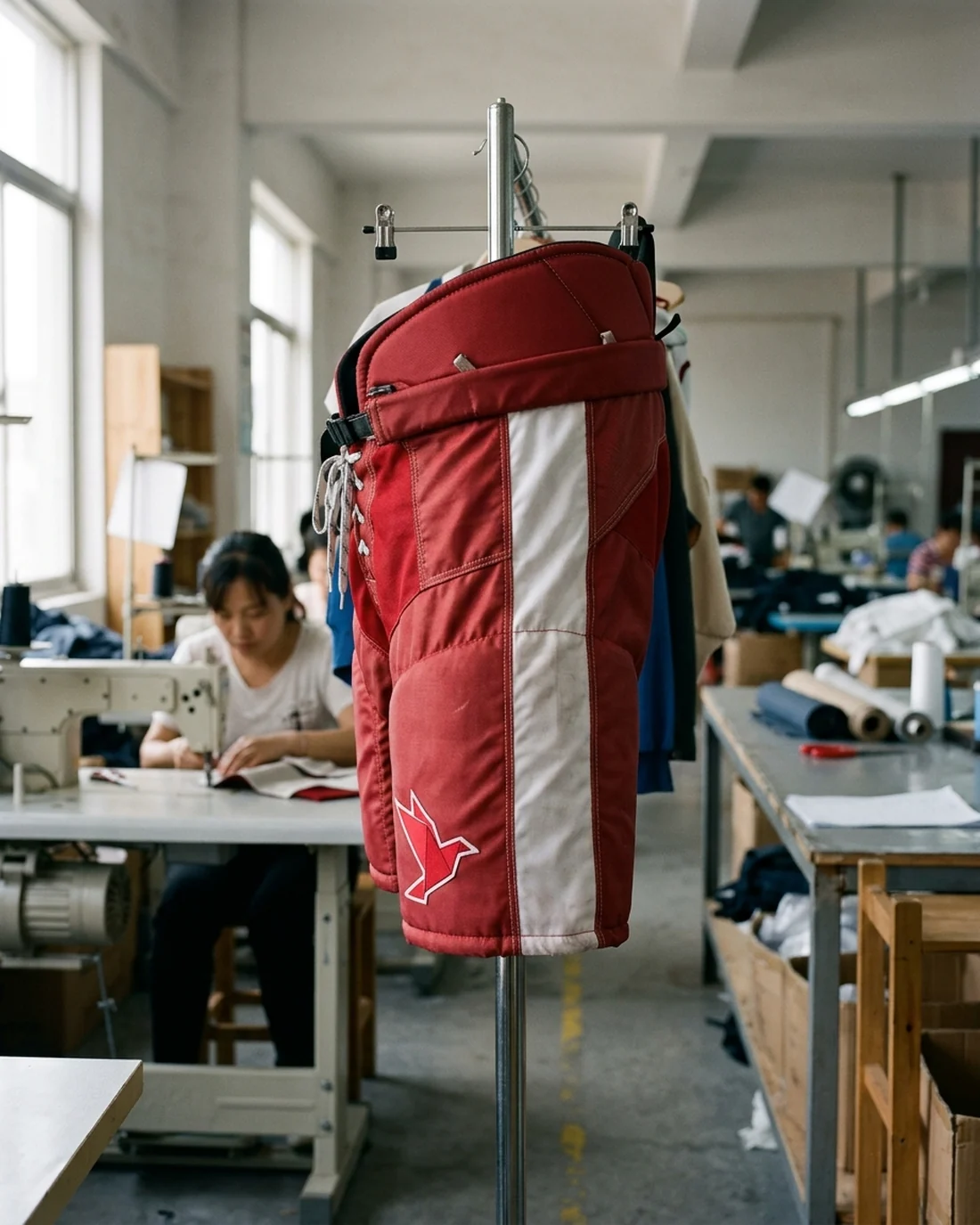 Side profile of a hockey pant shell in a red and white fictional team colorway, the textile outer layer shown on its own