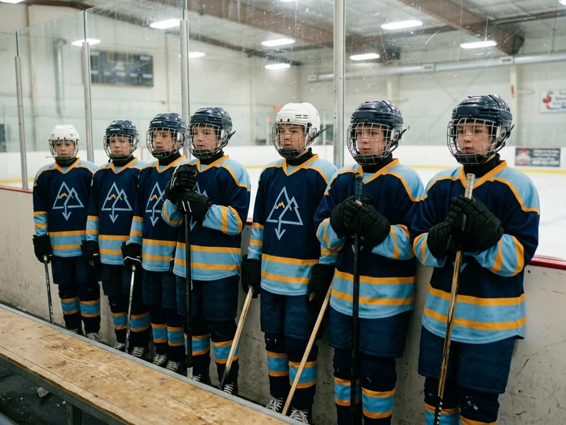 A youth hockey team lineup at the rink boards wearing matched kits, pant shells coordinated with the jerseys